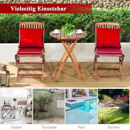 3 PCS. Patio furniture set with round table & 2 chairs & 2 cushions ergonomic seating set red