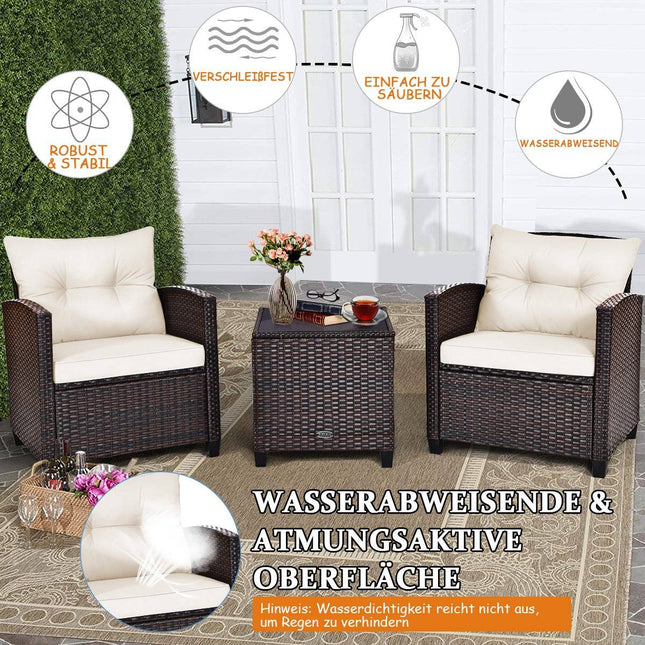 3 PCS. Polyrattan lounge set garden furniture rattan seating group with seat cushions and coffee table beige