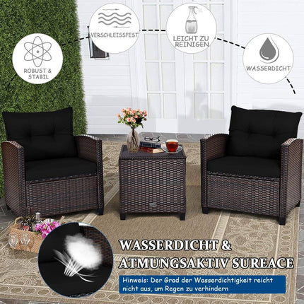 3-delige rotan tuinmeubelset, balkonmeubel, tuinbank met zitkussens en salontafel, zwart