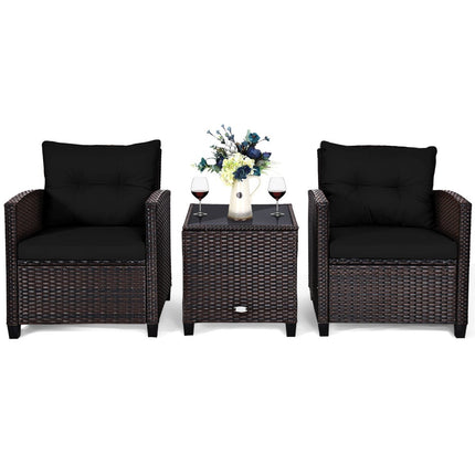 3-delige rotan tuinmeubelset, balkonmeubel, tuinbank met zitkussens en salontafel, zwart