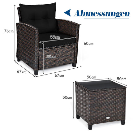 3-delige rotan tuinmeubelset, balkonmeubel, tuinbank met zitkussens en salontafel, zwart