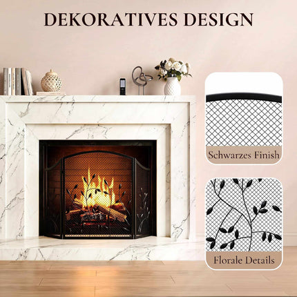 3-Panel Black Metal Fireplace Screen, Heat Resistant