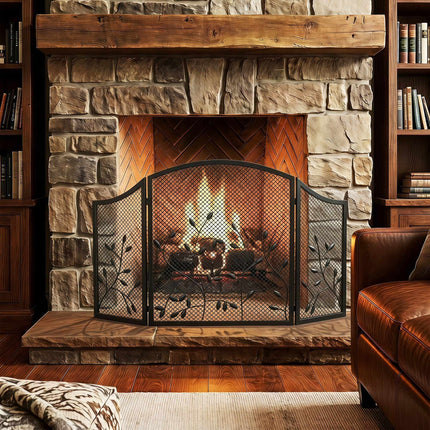 3-Panel Black Metal Fireplace Screen, Heat Resistant