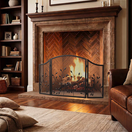 3-Panel Black Metal Fireplace Screen, Heat Resistant