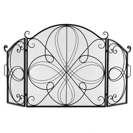 3-Panel Folding Fireplace Screen, Floral Metal Mesh, 151x83 cm