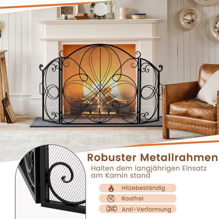 3-Panel Folding Fireplace Screen, Floral Metal Mesh, 151x83 cm