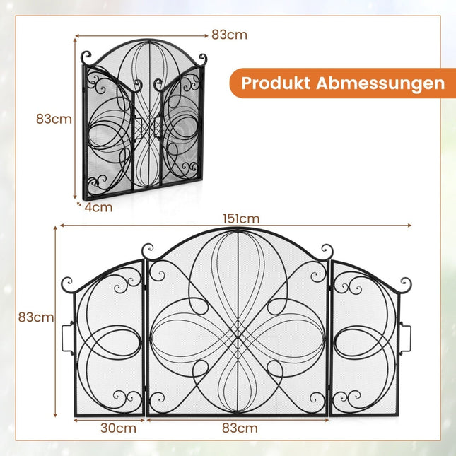 3-Panel Folding Fireplace Screen, Floral Metal Mesh, 151x83 cm