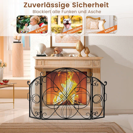 3-Panel Folding Fireplace Screen, Floral Metal Mesh, 151x83 cm