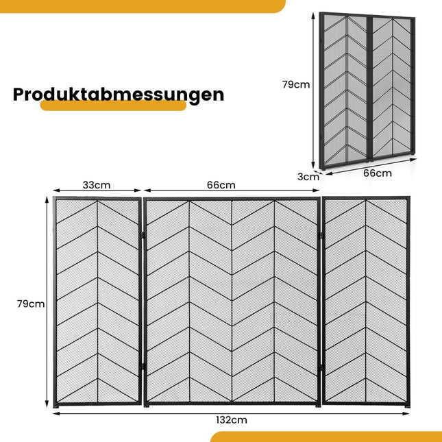 3-Panel Folding Fireplace Screen, Metal Mesh, 132x79 cm