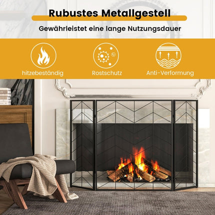 3-Panel Folding Fireplace Screen, Metal Mesh, 132x79 cm