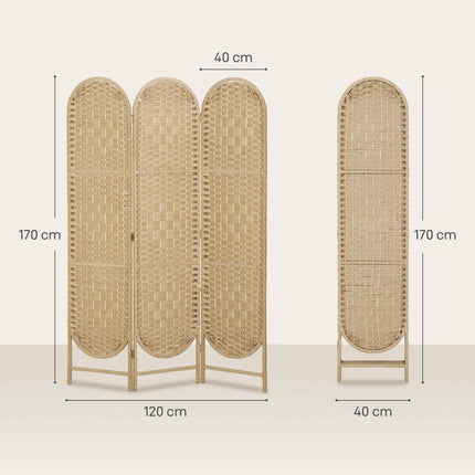 3-Panel Folding Room Divider with Arched Top, Natural Finish