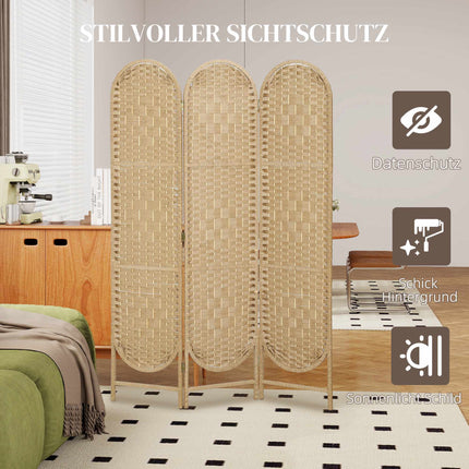 3-Panel Folding Room Divider with Arched Top, Natural Finish