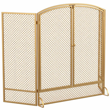 3-Panel Gold Metal Fireplace Screen with Double Doors