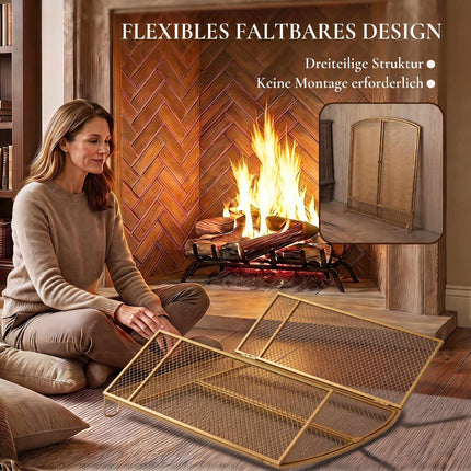 3-Panel Gold Metal Fireplace Screen with Double Doors