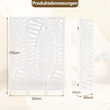 3-Panel Room Divider, Natural Paulownia Wood, White