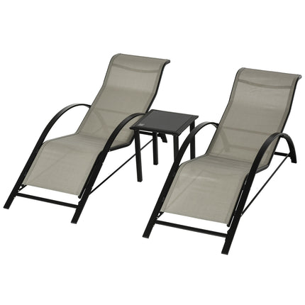 Garden chair in metal mesh - 2 sun loungers, 1 table, gray