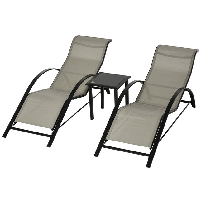 Garden chair in metal mesh - 2 sun loungers, 1 table, gray
