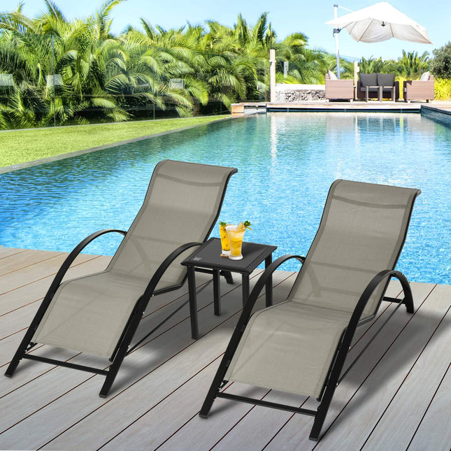 Garden chair in metal mesh - 2 sun loungers, 1 table, gray
