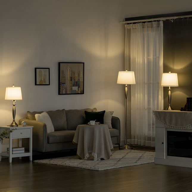 Floor & table lamp set, Silver & White, E27, 3-piece