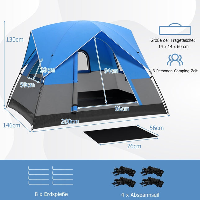 3-Person Camping Tent with Removable Rainfly & Mat