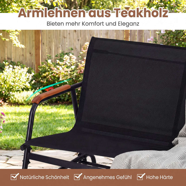 3-Person Patio Swing Bench with Teak Armrests, Black