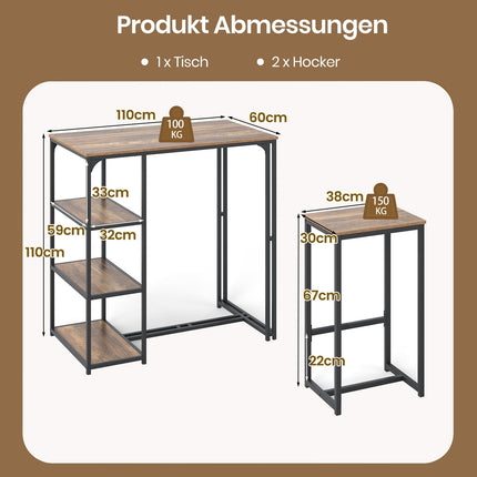 3-Piece Bar Table Set with Stools and Storage Shelves