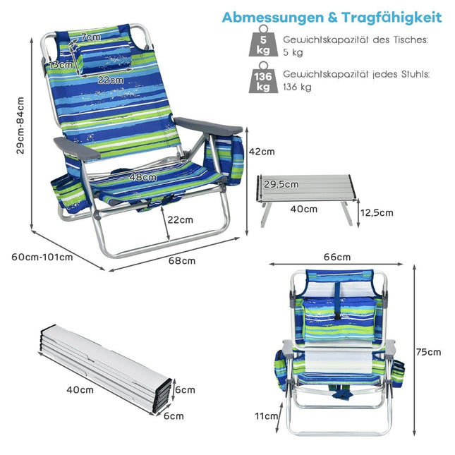 3-Piece Beach Chair & Table Set, Adjustable, Portable
