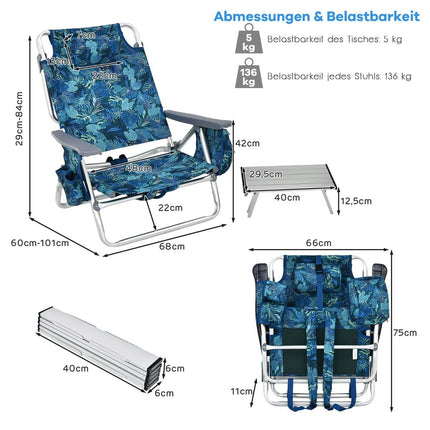 3-Piece Beach Chair & Table Set, Adjustable, Portable