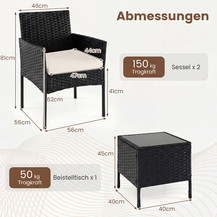 3-Piece Beige Rattan Balcony Set with Glass Table