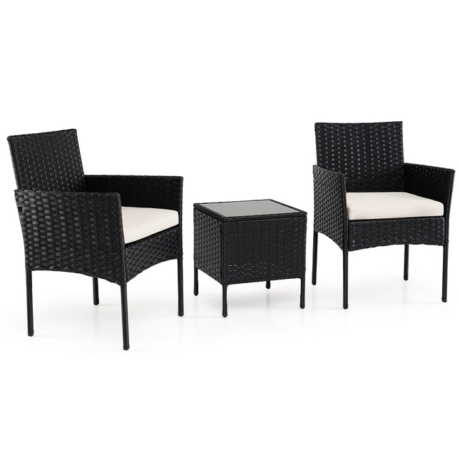 3-Piece Beige Rattan Balcony Set with Glass Table