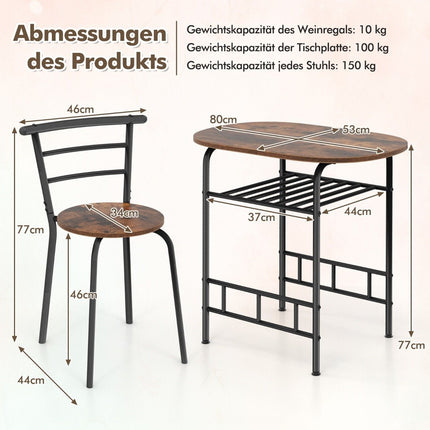 3-Piece Dining Set with Table and 2 Chairs, Space-Saving