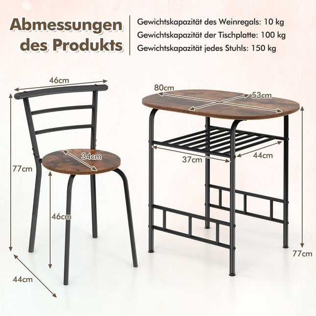 3-Piece Dining Set with Table and 2 Chairs, Space-Saving