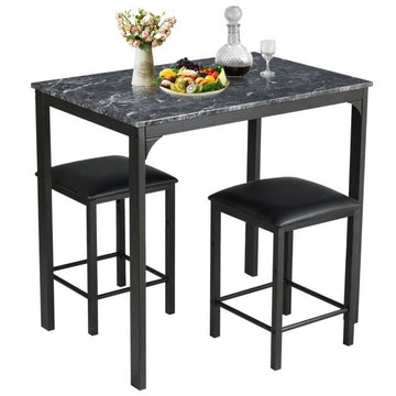 3-Piece Dining Table Set, 2 Faux Leather Stools, Black