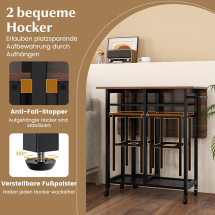 3 Piece Dining Table Set Extendable Kitchen Table on Wheels with 2 Chairs & Wine Rack & Shelves