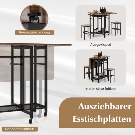 3 Piece Dining Table Set Extendable Kitchen Table on Wheels with 2 Chairs & Wine Rack & Shelves