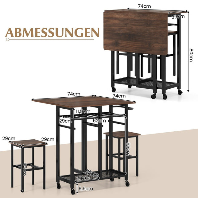 3 Piece Dining Table Set Extendable Kitchen Table on Wheels with 2 Chairs & Wine Rack & Shelves