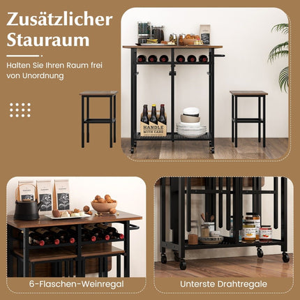 3 Piece Dining Table Set Extendable Kitchen Table on Wheels with 2 Chairs & Wine Rack & Shelves