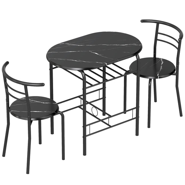 3-Piece Dining Table Set for 2, Black Marble Look, Shelf