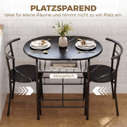 3-Piece Dining Table Set for 2, Black Marble Look, Shelf