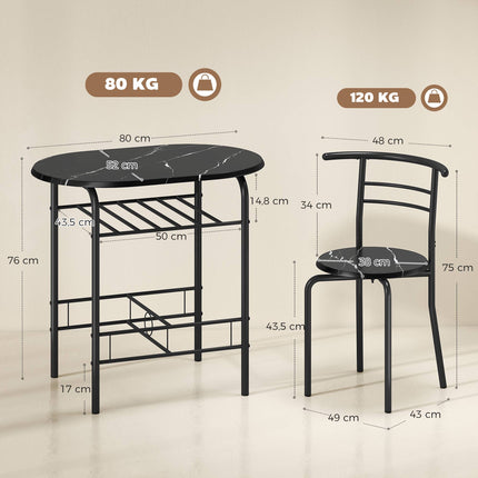 3-Piece Dining Table Set for 2, Black Marble Look, Shelf
