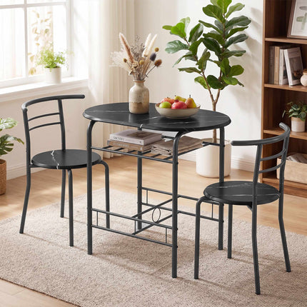 3-Piece Dining Table Set for 2, Black Marble Look, Shelf