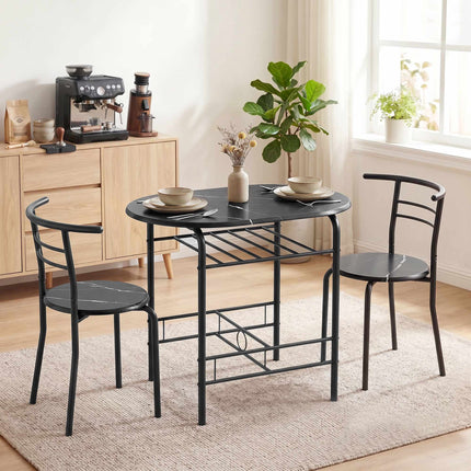 3-Piece Dining Table Set for 2, Black Marble Look, Shelf
