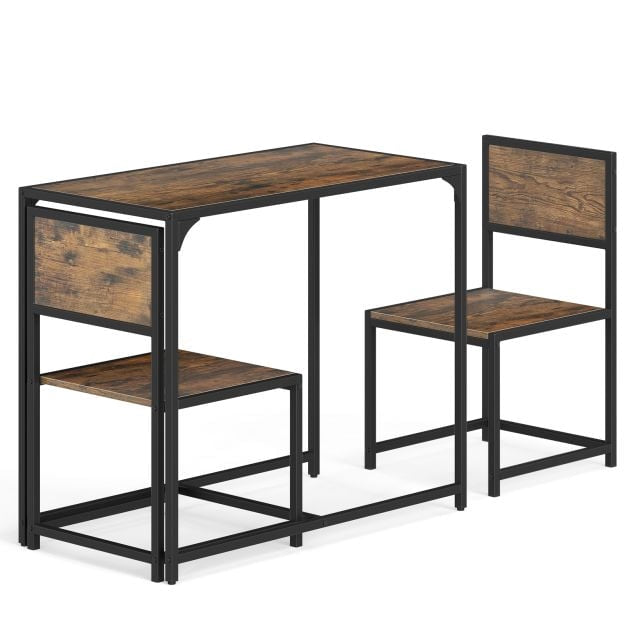 3-Piece Dining Table Set for 2, Metal Frame, Rustic Brown