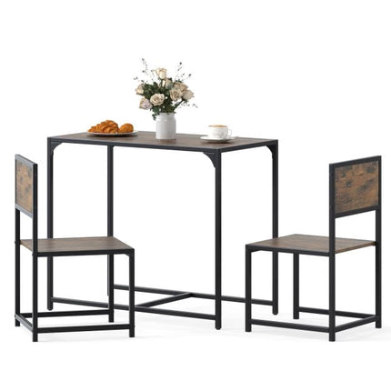3-Piece Dining Table Set for 2, Metal Frame, Rustic Brown