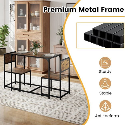 3-Piece Dining Table Set for 2, Metal Frame, Rustic Brown