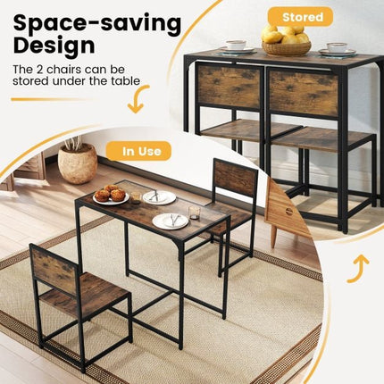 3-Piece Dining Table Set for 2, Metal Frame, Rustic Brown