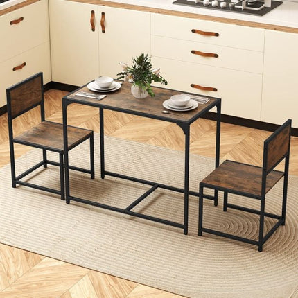 3-Piece Dining Table Set for 2, Metal Frame, Rustic Brown