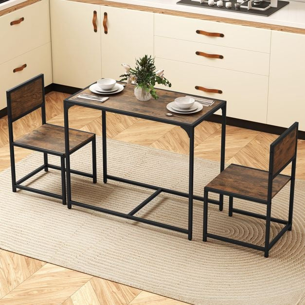 3-Piece Dining Table Set for 2, Metal Frame, Rustic Brown