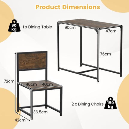 3-Piece Dining Table Set for 2, Metal Frame, Rustic Brown