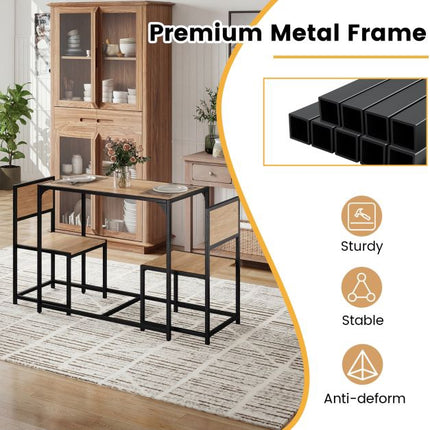 3-Piece Dining Table Set for 2, Metal Frame, Rustic Top